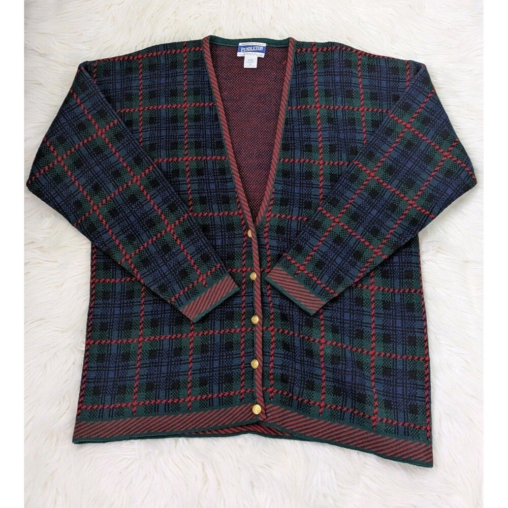 Vintage Pendleton Size 1X 100% Virgin Wool Tartan Plaid V-Neck Holiday Cardigan